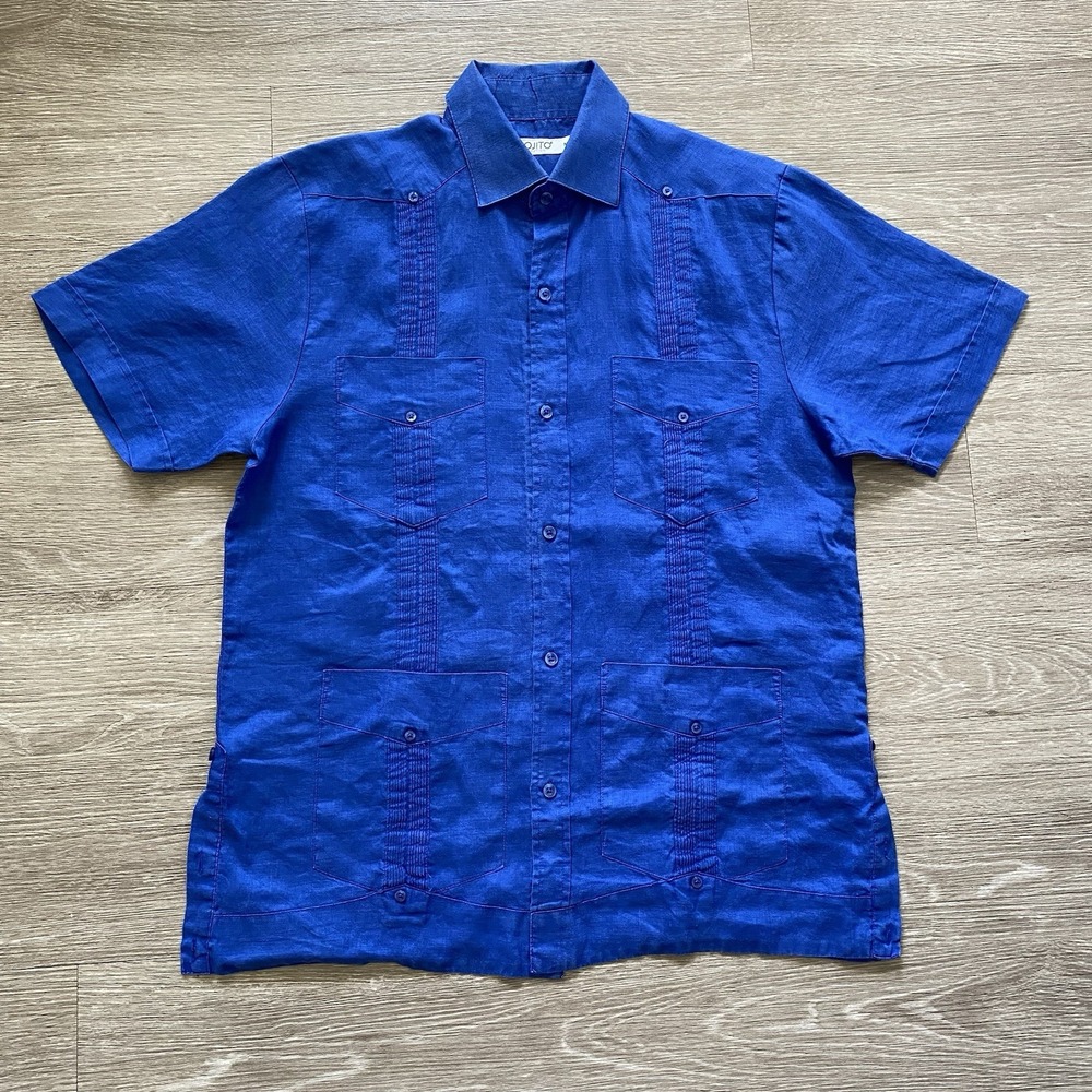 Mojito 100% Linen Guayabera Button Up Shirt Men's M Blue Pockets Buttons Summer